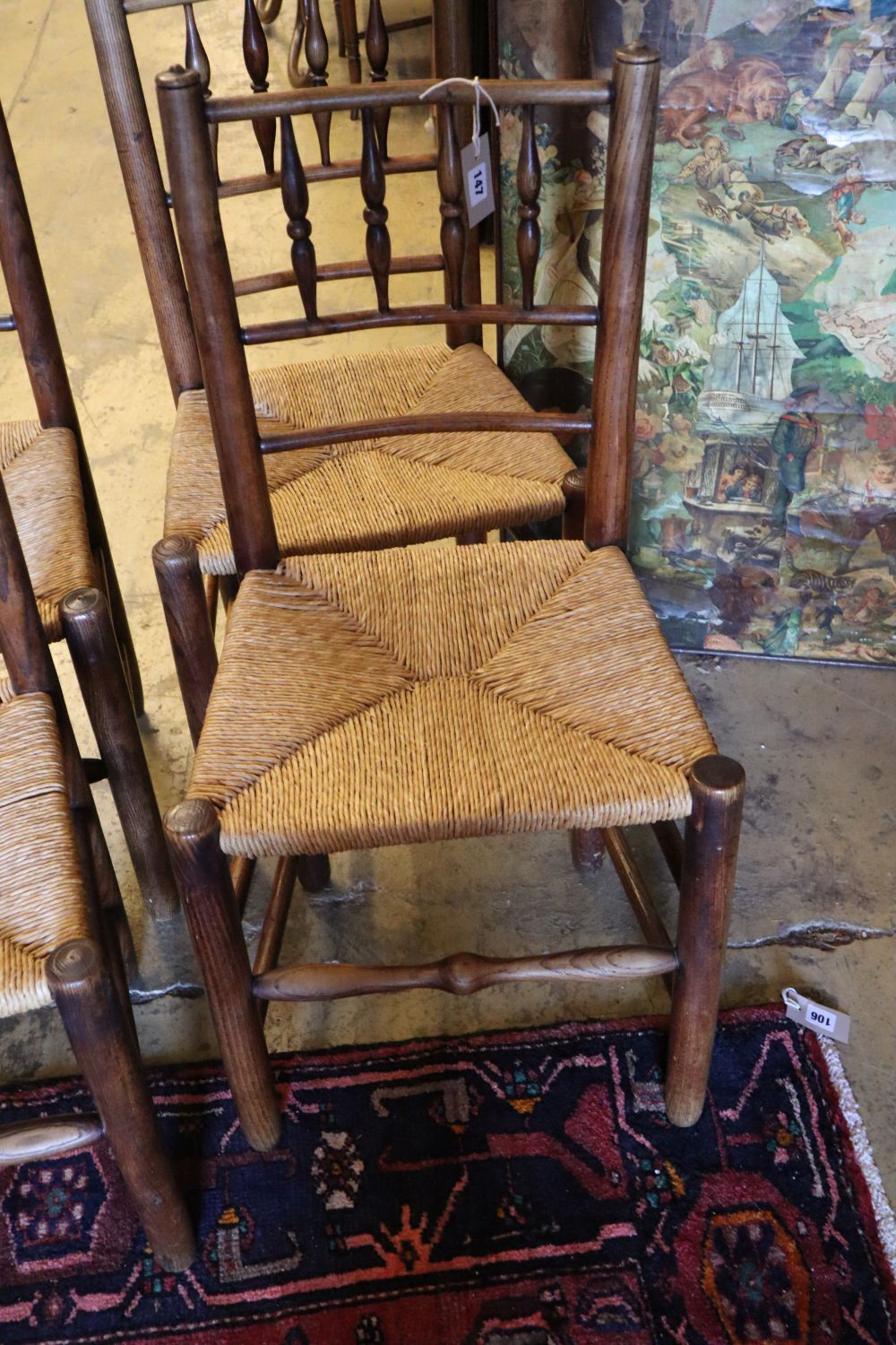 A set of six 19th century provincial ash rush seat dining chairs